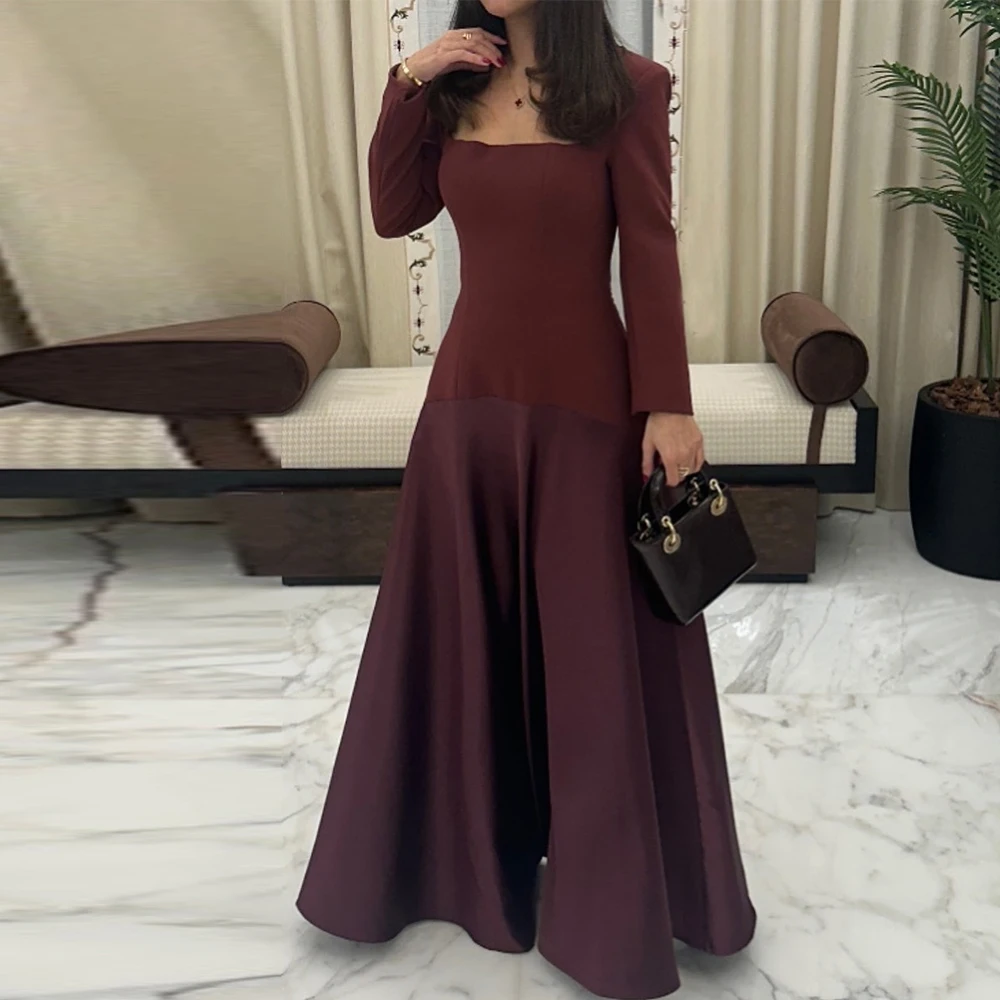 

Splicing Saudi Arabia Formal Dresses Women Satin&Jersey A-line Evening Dress Brown Square Neck Ruched Celebrity Dress Long 2025