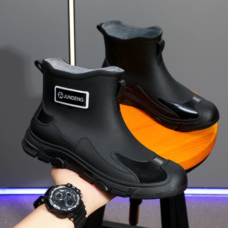 Men's Short Tube Anti-slip Rubber Boots Military Style Waterproof Work Boots Outdoor Cleaning Car Delivery Rider Kitchen Boots