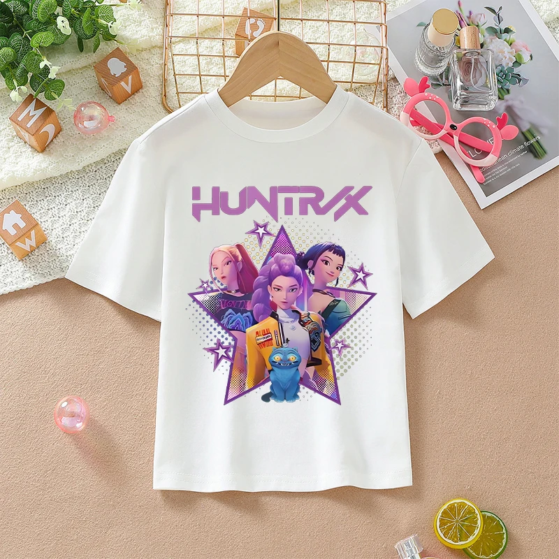 Kaus Putih K-pop Demon Hunters untuk Anak Perempuan Kaus Lengan Pendek Lucu Kartun Anime Hadiah Kaus Manis Fashion Musim Panas Anak-anak