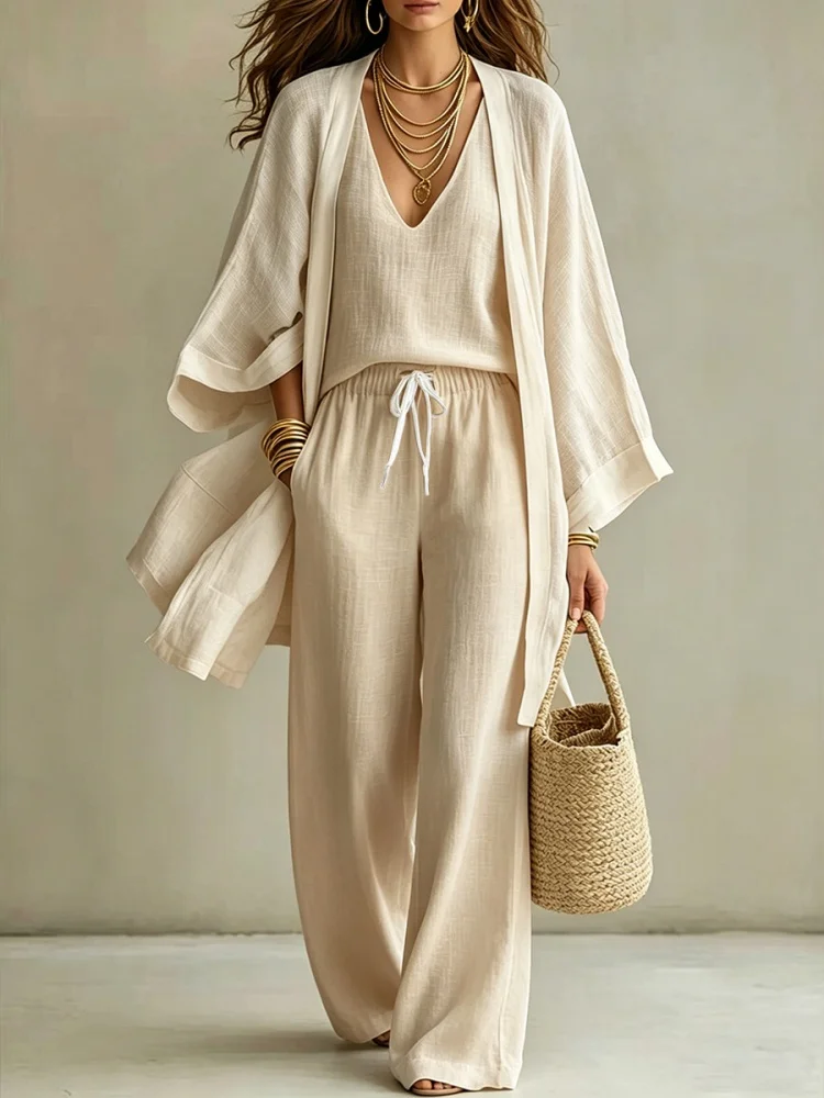 Casual Solid Long Pants Set Loose Vest Shirt Trouser 3pc Set Women Bat Sleeve Cardigan Wide Leg Pants Suit Spring Autumn Outfits view 4