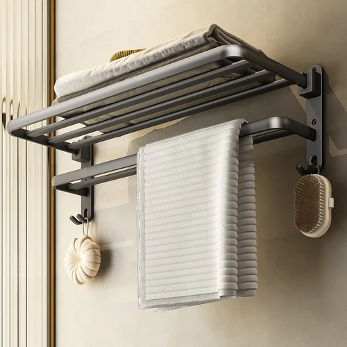 Soporte plegable negro mate de 50CM con gancho, soporte para toallas, montaje en pared, toallero de aluminio, estante de ducha para baño, accesorios de baño