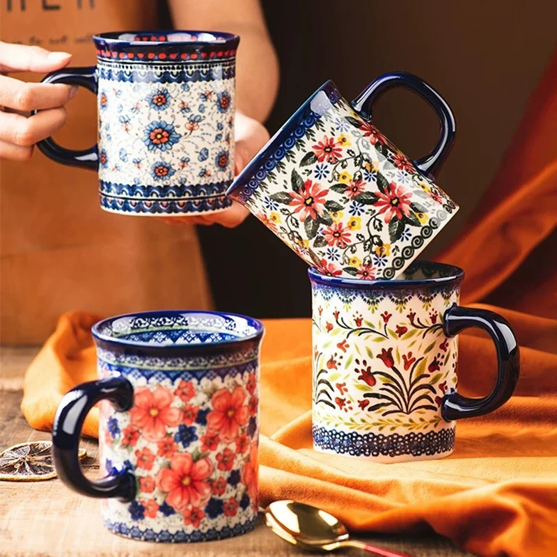 Keramik-Kaffeetasse im Vintage-Stil, kreatives süßes Blumenmuster, Frühstückswassertasse, Teetasse mit Griff für Heimbüro-Tassen