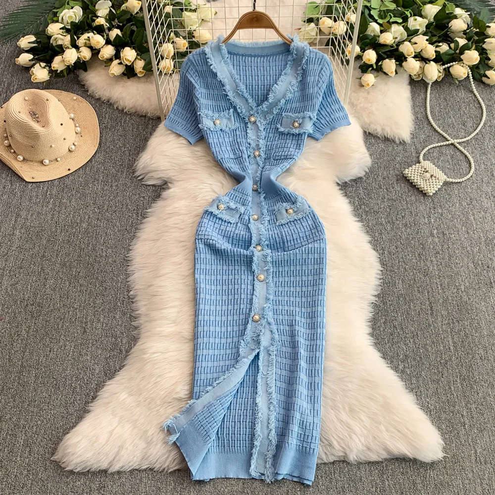 REALEFT Vintage Beadingปุ่มถักชุดสตรี 2025 ฤดูร้อนใหม่แขนสั้นVคอRuffles Single Breasted Wrap Dress