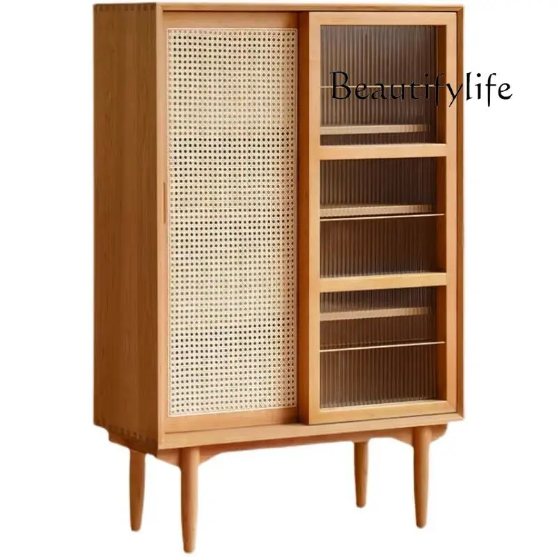 Japanese-style solid wood rattan with door glass cabinet magazine cabinet furniture bookshelf living room locker