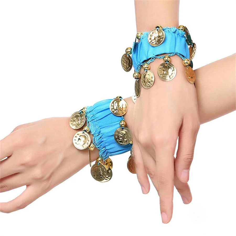 Bracciale di danza del ventre in chiffon da 1 paio/2 pezzi con polsino elastico per cavigliera da polso per danza del ventre con monete