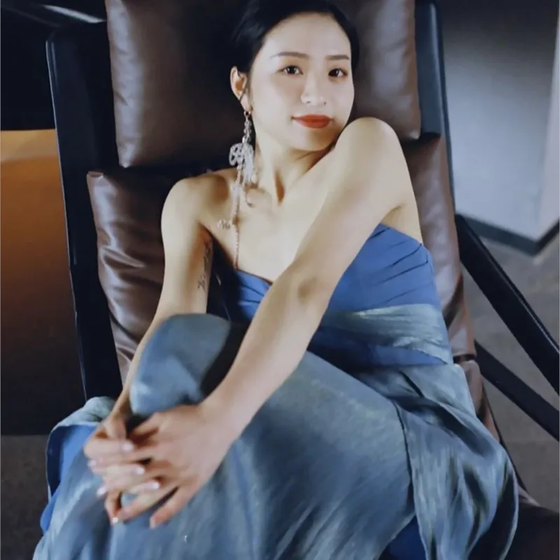 Temperamented strapless blue irregular retro morning gown long dress