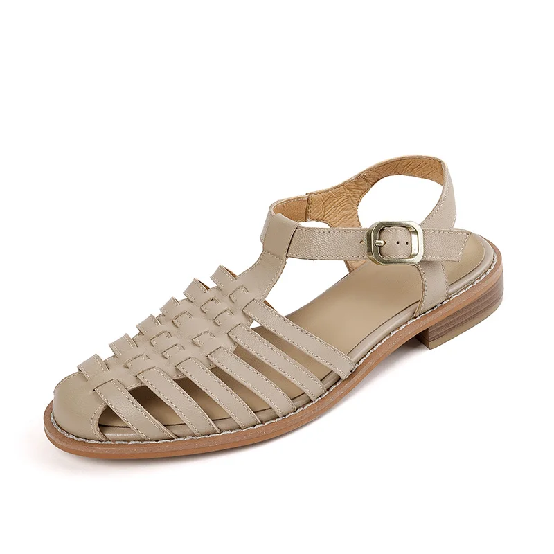 

Genuine Leather Women Closed Toe Sandals Summer Beige Apricot Low Heeled Sandals Fashion Hollow Ladies Ankle Strap Party Shoes