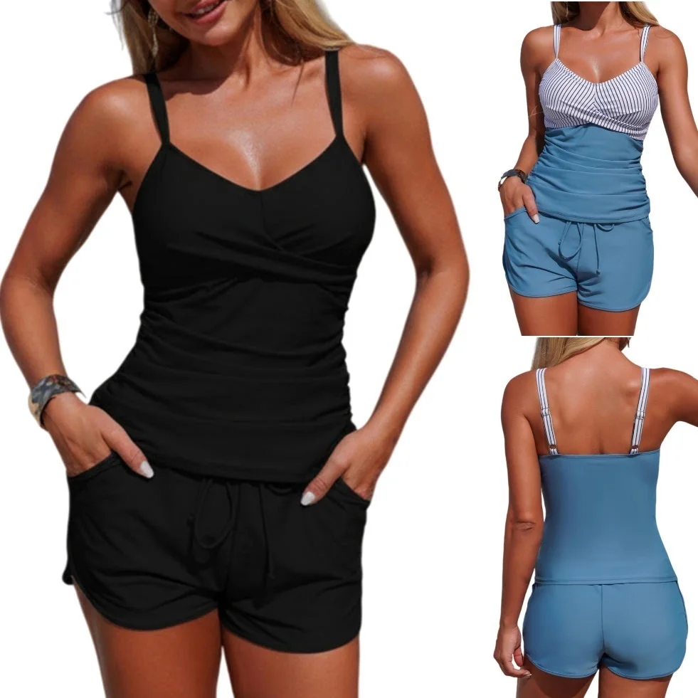 

2026 Two Piece Women's Tankini Swimsuit Set Front Cross Lace Up Tummy Control Swimwear V-Neck Vest Boyshorts Bathing Suits