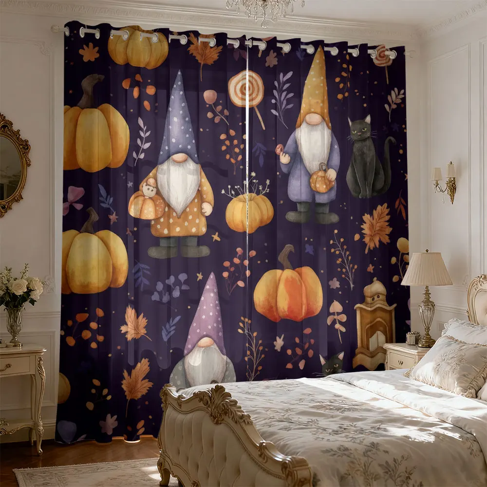 2pcs Halloween gnome pumpkin black cat print curtains for living room bedroom blocking light  a trendy home decor touch