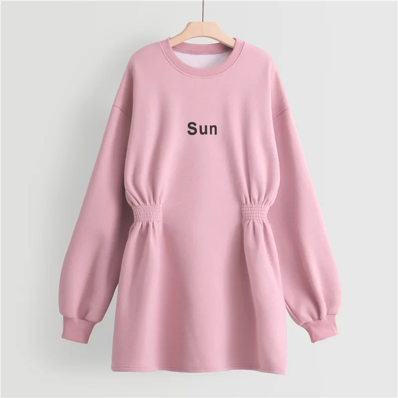 Plush Thickened Sweatshirt Dress Women 2022 Spring Chic Casual Slim  Loose Medium Length Waist Closing Pullover Long Sweatshirt