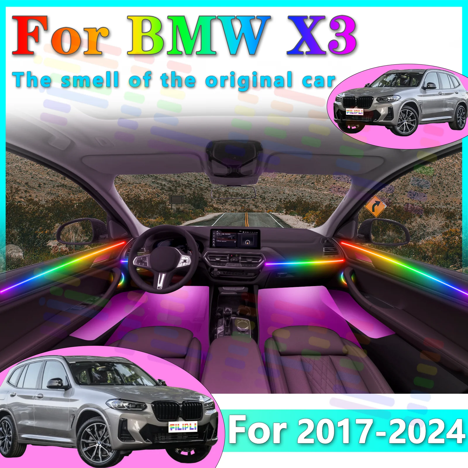

FILIPLI для BMW X3 G01 Светодиодная лента для внутренней атмосферы 64 цвета RGB Symphony с управлением через приложение, несколько режимов для Dri