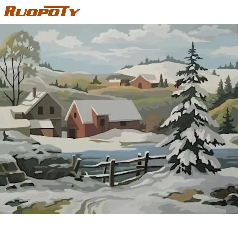 

RUOPOTY Acrylic Painting By Numbers Snow House Coloring On Numbers For Adults Diy Gift Picture Paint Home Decors Paint Kit Snow