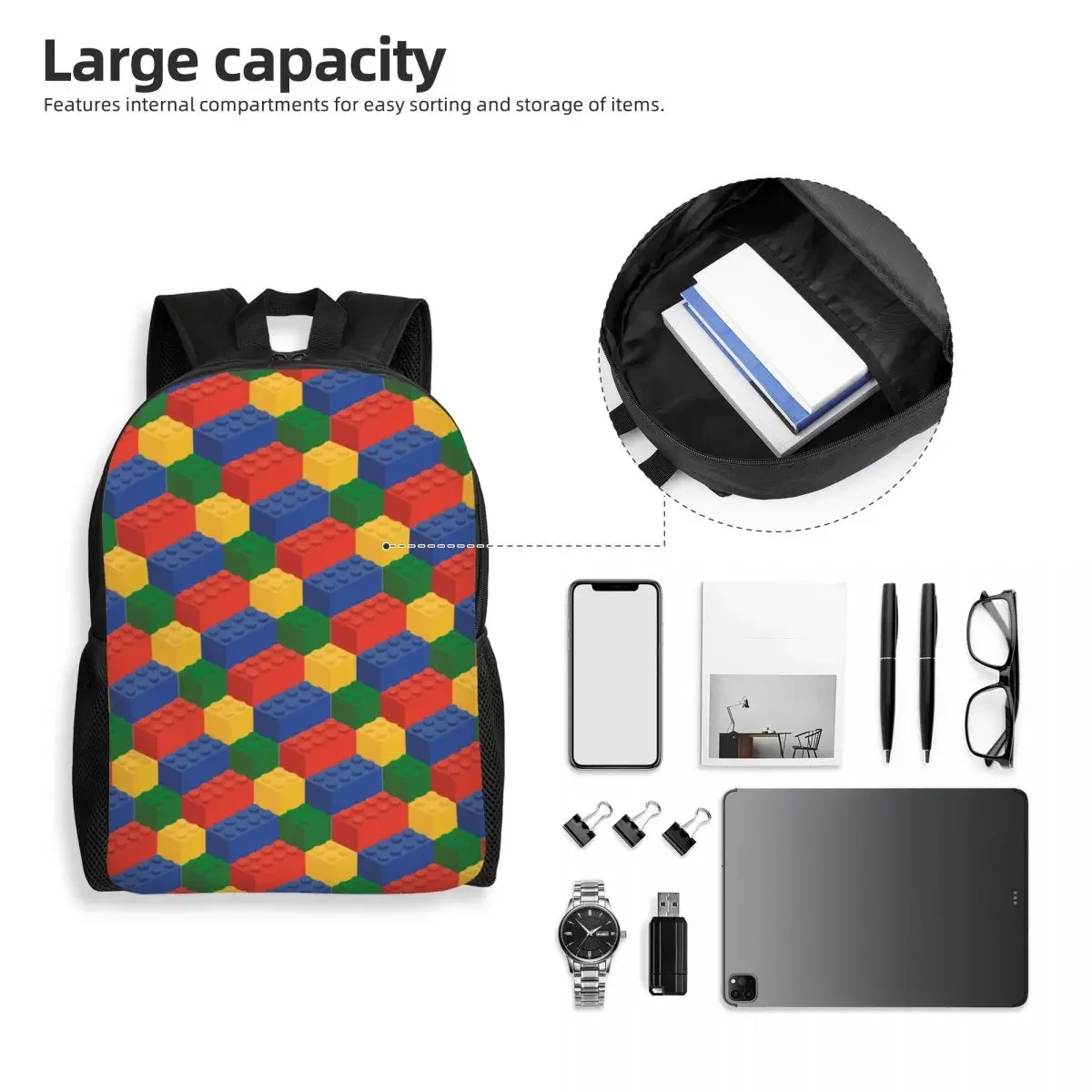 Personalized Colorful Building Plastic Brick Toy Blocks Patterns Backpack Men Women Basic Bookbag for College School Bags