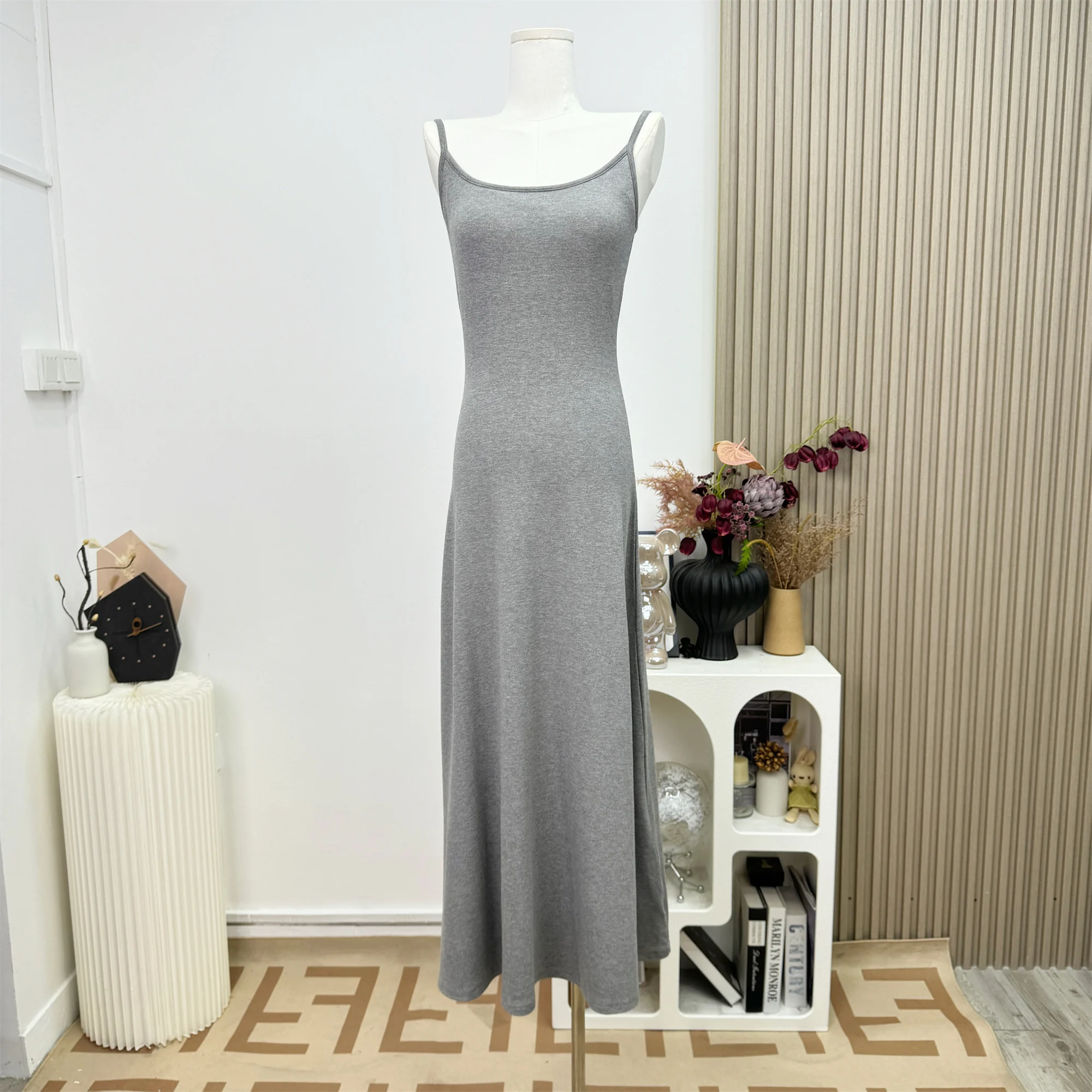 코튼 스파게티 스트랩 파티 롱 드레스 여성 하이 스트리트 백리스 민소매 컷 아웃 슬링 Sundress for Holiday Beach N649