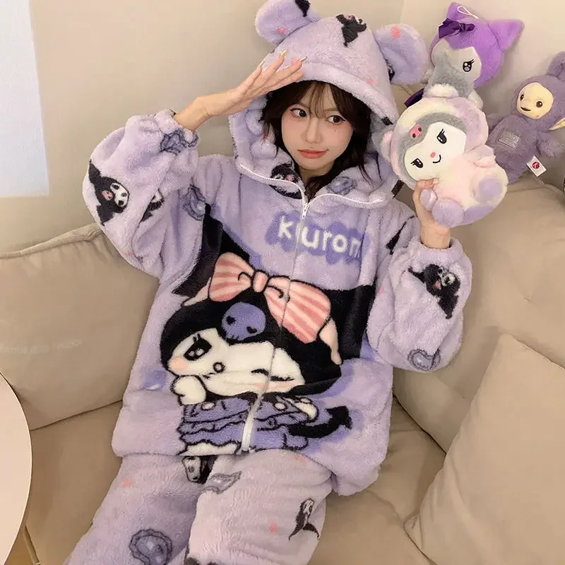 Sanrio hellokitty casaco de algodão kuromi pijamas cinnamoroll meninas outono e inverno engrossado mais veludo bonito ins conjunto de roupas para casa