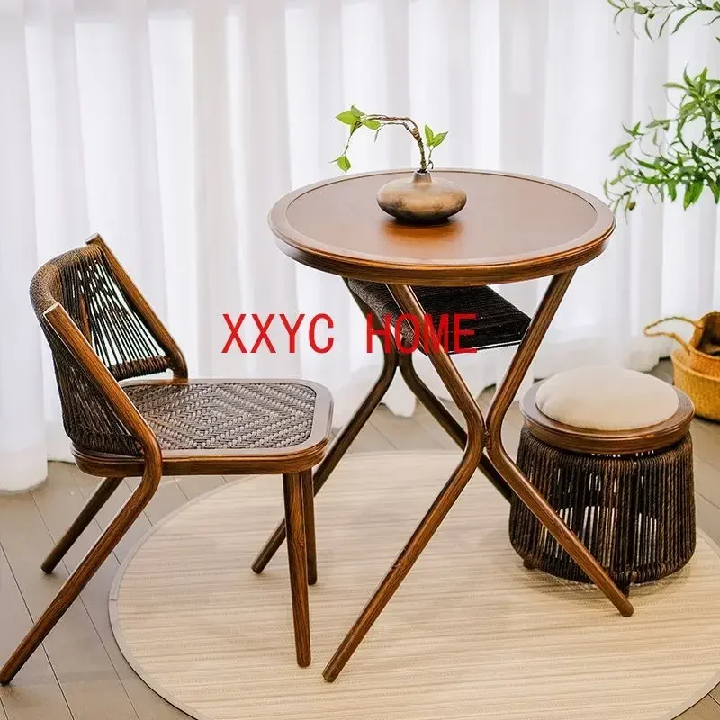 Balcony Table And Chair Rattan Walnut Simple Retro Chinese Style Leisure Bar Combination Outdoor Storage Tea Table Rattan Stool