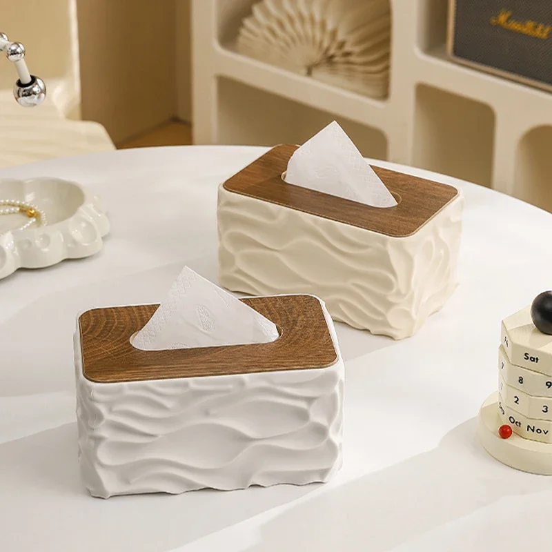 

1Pc Tissue Box with Wooden Lid Elegant Wave Pattern Design Home Decor Modern Square Tissues Boxs Living Bedroom Office Napkin