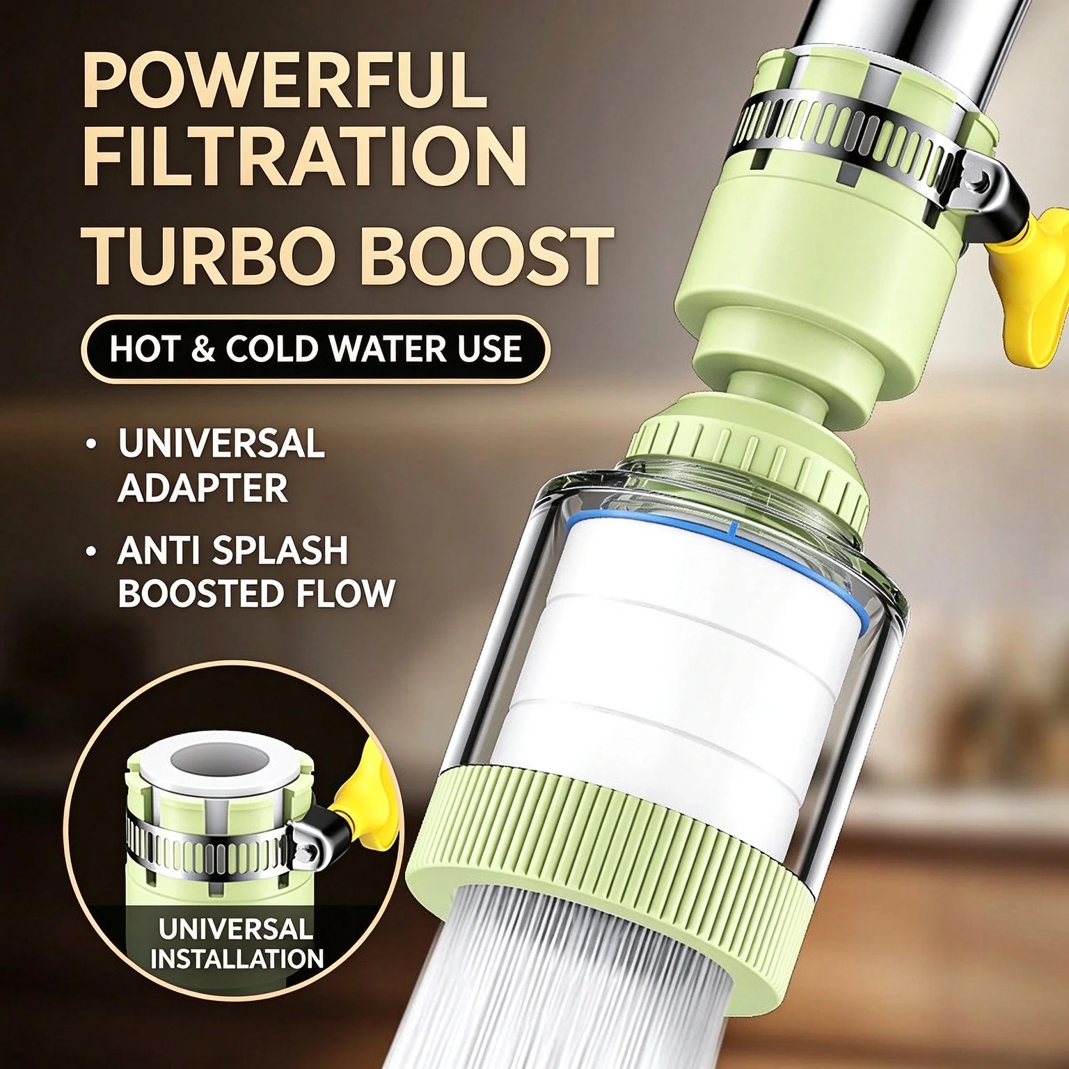 Kitchen Faucet Water Filter Tap Purifier 360 Rotatable Turbo Pressurized Anti Splash Nozzle PP Filter Cartridge For Household