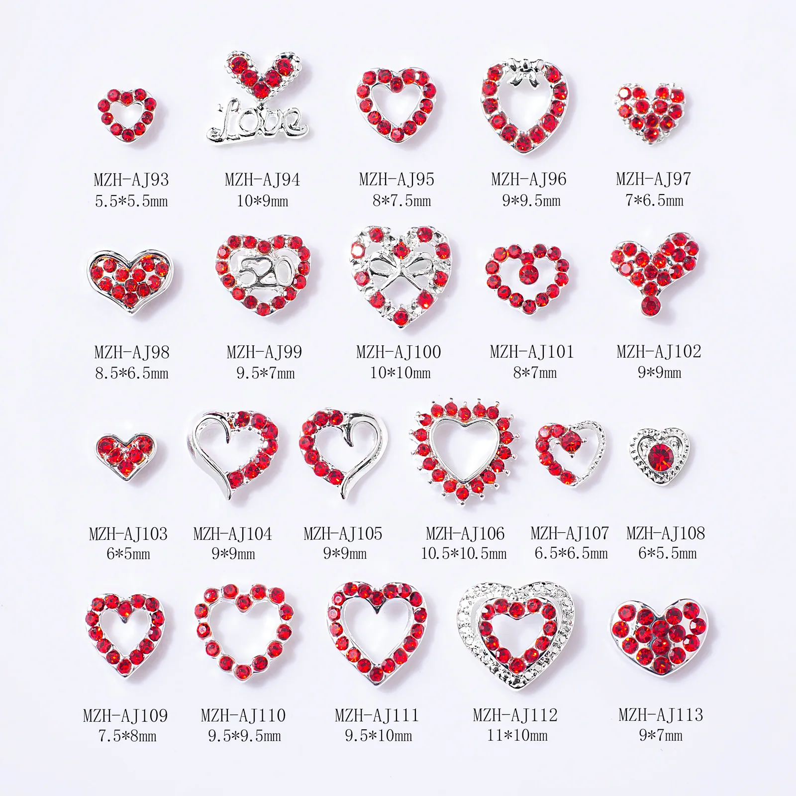 50/100Pcs Winter Metal Heart  Accessories Valentine's Day Heart-shaped Nail Jewelry Red Love Nail Rhinestones