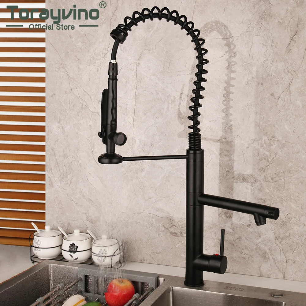 

Torayvino Mater Black Kitchen Faucet Solid Brass Vessel Sink Swivel Faucet Deck Mounted Mixer Water Tap With Pull Down Spray