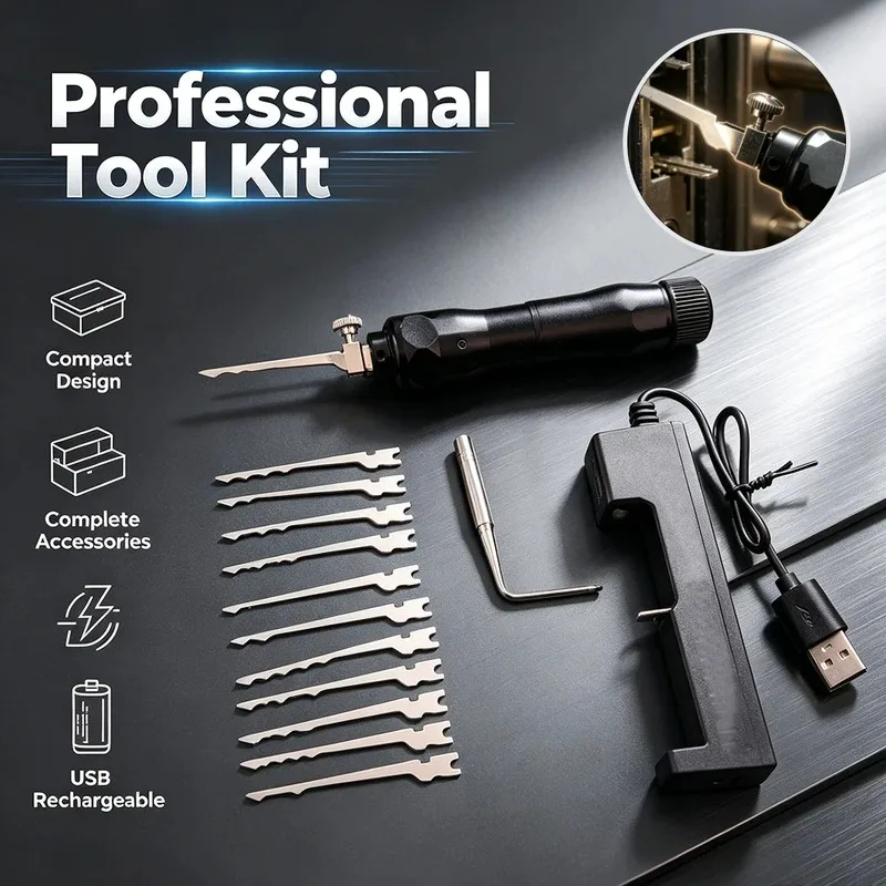 Tungfull Rechargeable Electric Lock Pick Set Professional Handheld Locksmith Tool Kit with Complete Replacement Lock Pick Blades