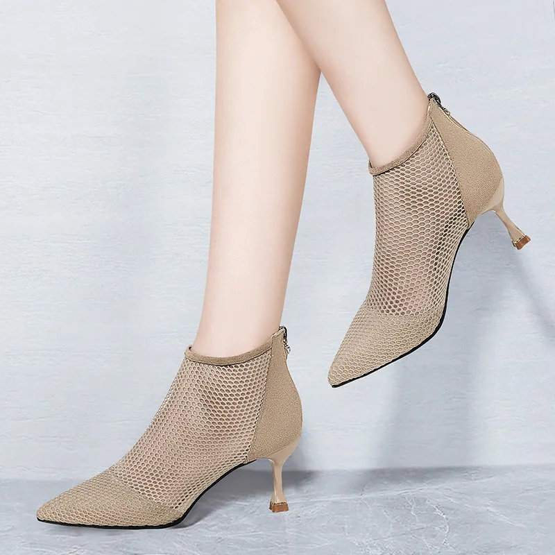 2025 New Women’s Mesh Sandals Boots Sexy Summer High Heels Holllow Out Breathable Casual Shoes Ankle Botas Back Zip Pointed Toe