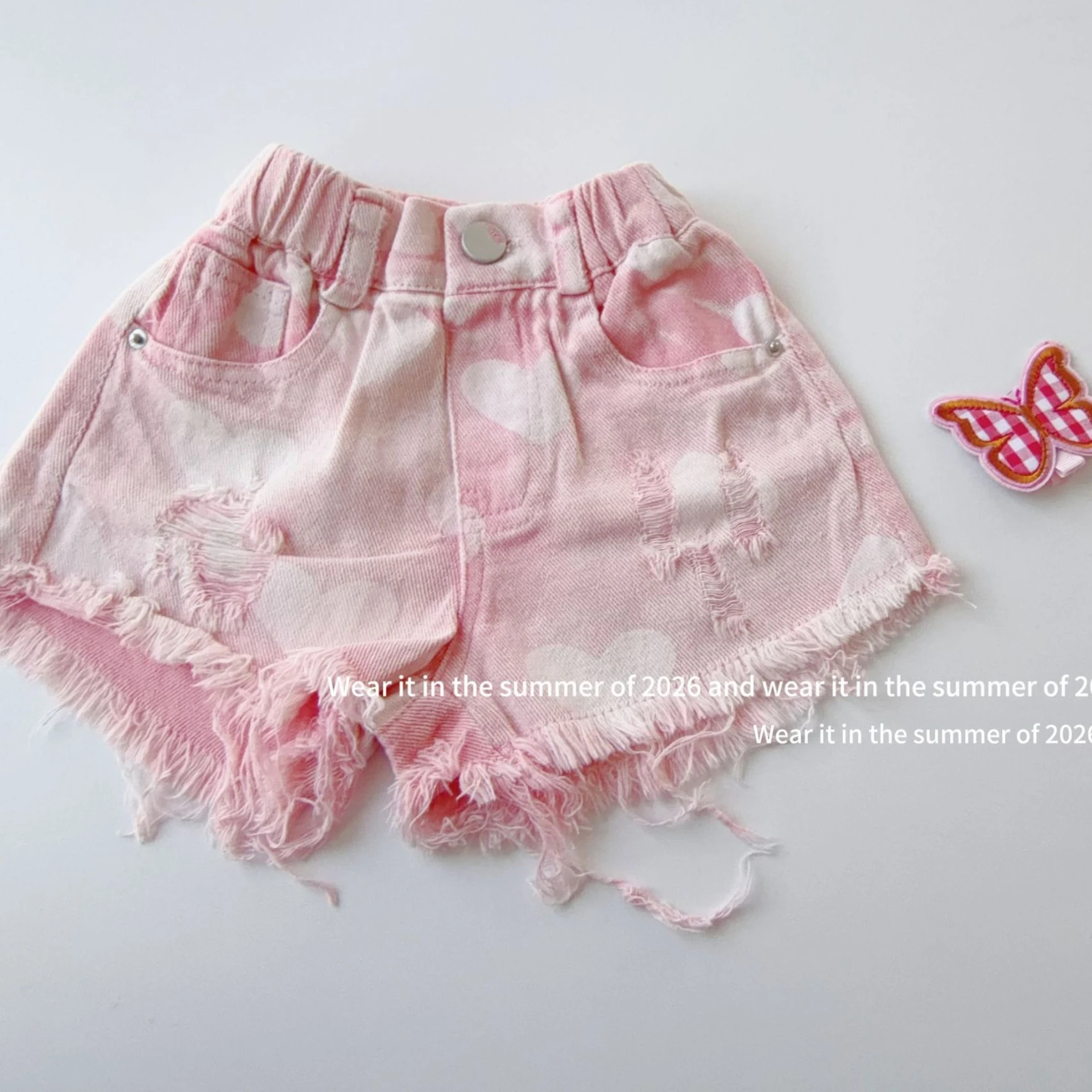 

Girls Pants 2026 Spring and Summer New Childrens Clothing Korean Style Girls Baby White Fur-edged Ripped Denim Shorts Simple