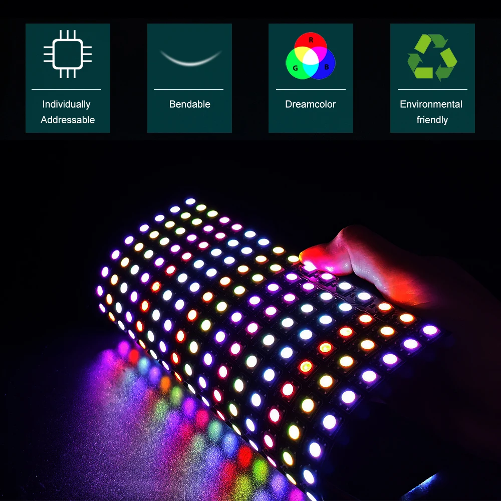 Módulo de Painéis LED RGB Flexível Digital, Pixel Endereçável Individualmente, Matrix Screen, DC5V, WS2812B, 8x8, 16x16, 8x32