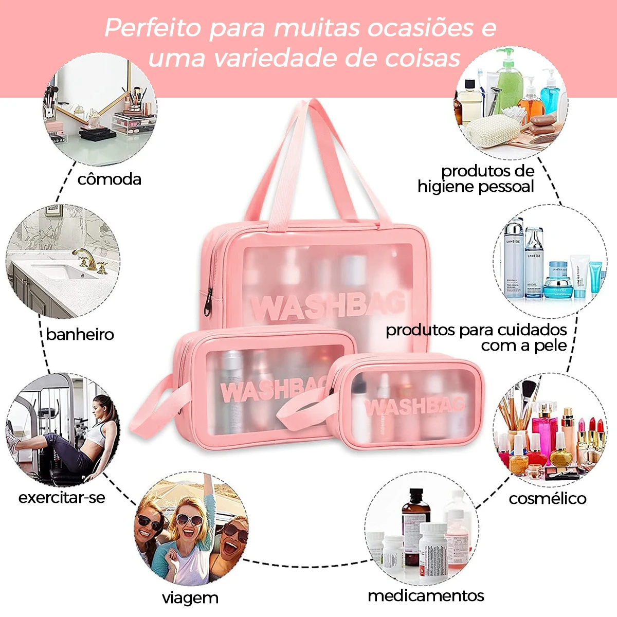 Kit 3 Necessaire Bolsa Organizador de Maquiagem Objetos Femininos Masculinos Grande Higiene Pessoal  （Rosa）