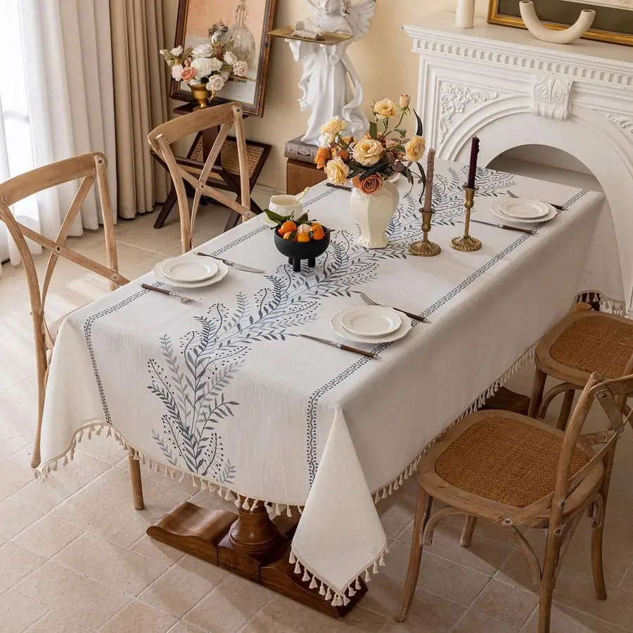 

Rustic Waterproof Linen Tablecloth, Heavy Weight Fern Embroidery Table Cloths for Rectangle Tables, Farmhouse SpillProof Table C
