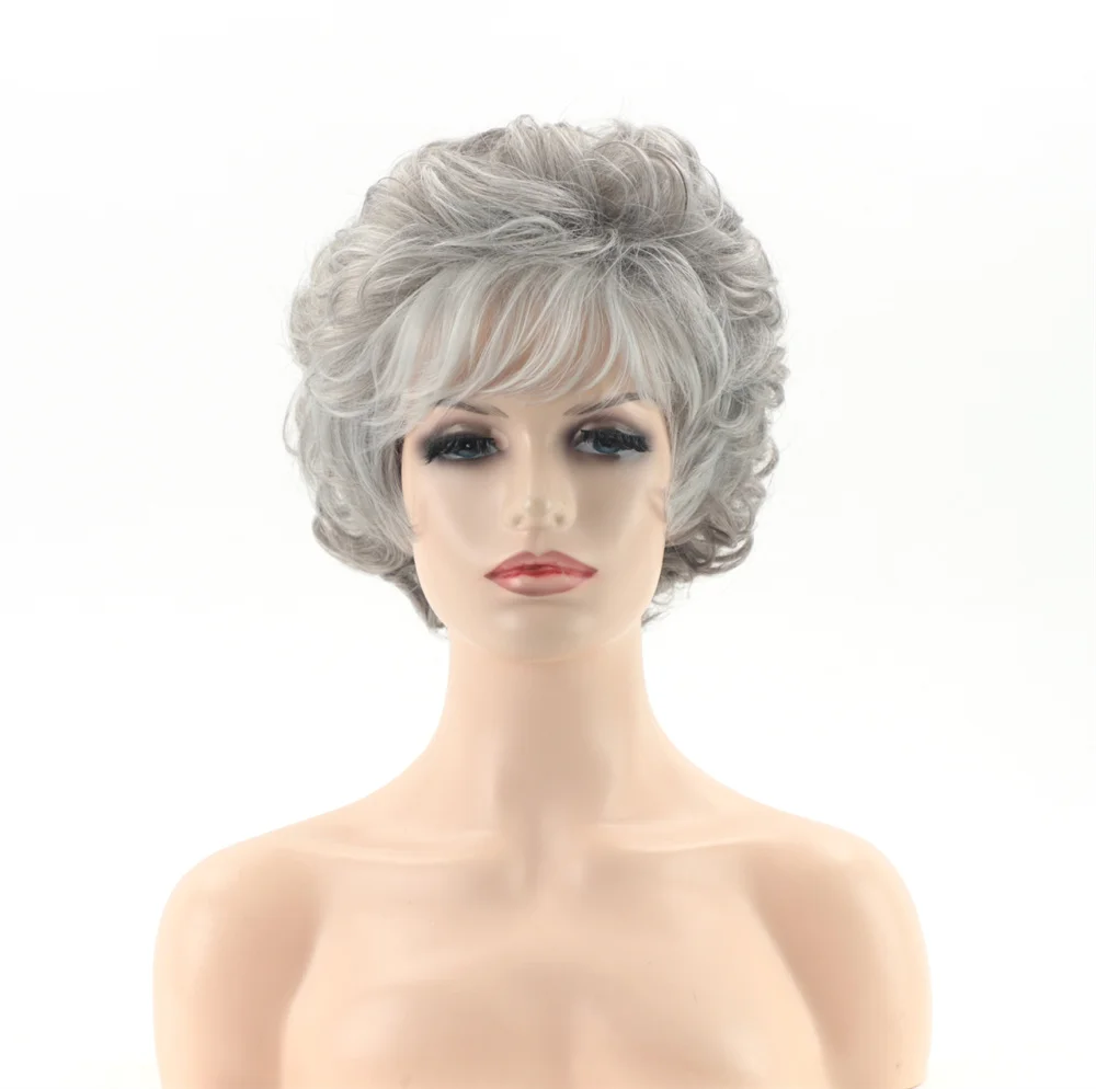 Heat Resistant Silver Gray Short Curly Wig - Easy Wear Synthetic Fiber Hairpiece for Mature Older Women (Mom/Grandma)