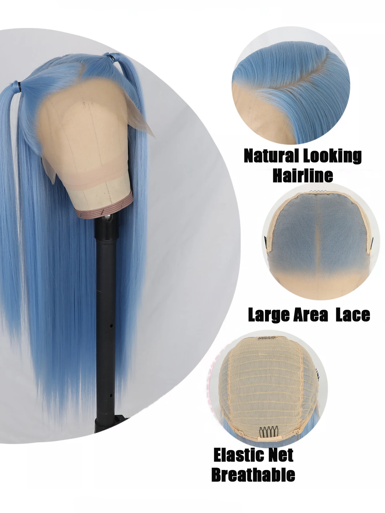 Pelucas frontales largas y rectas para mujeres negras, cabello sintético prearrancado, parte libre, azul claro