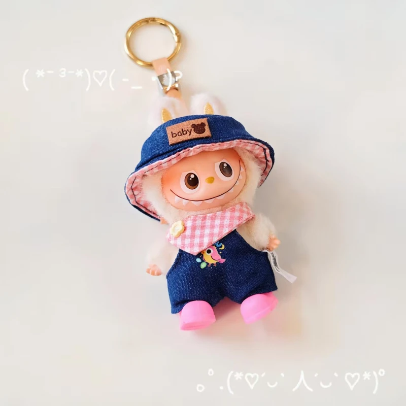 

4th Gen Mini Labubu Denim Bear Logo Set, Changeable Overalls with Cap & Drool Bib for 10cm Vinyl Doll Outfit