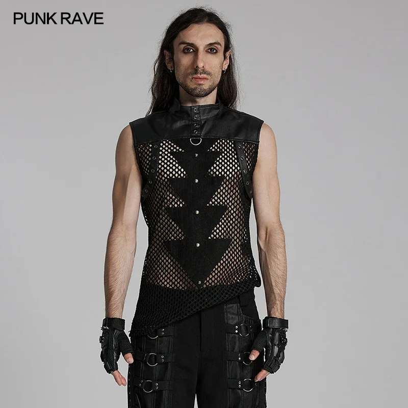 

PUNK RAVE Men's Punk Personalized T-shirt Triangular Pieces Splicing Design Streetwear Black Tops Cool Vest Men Clothing