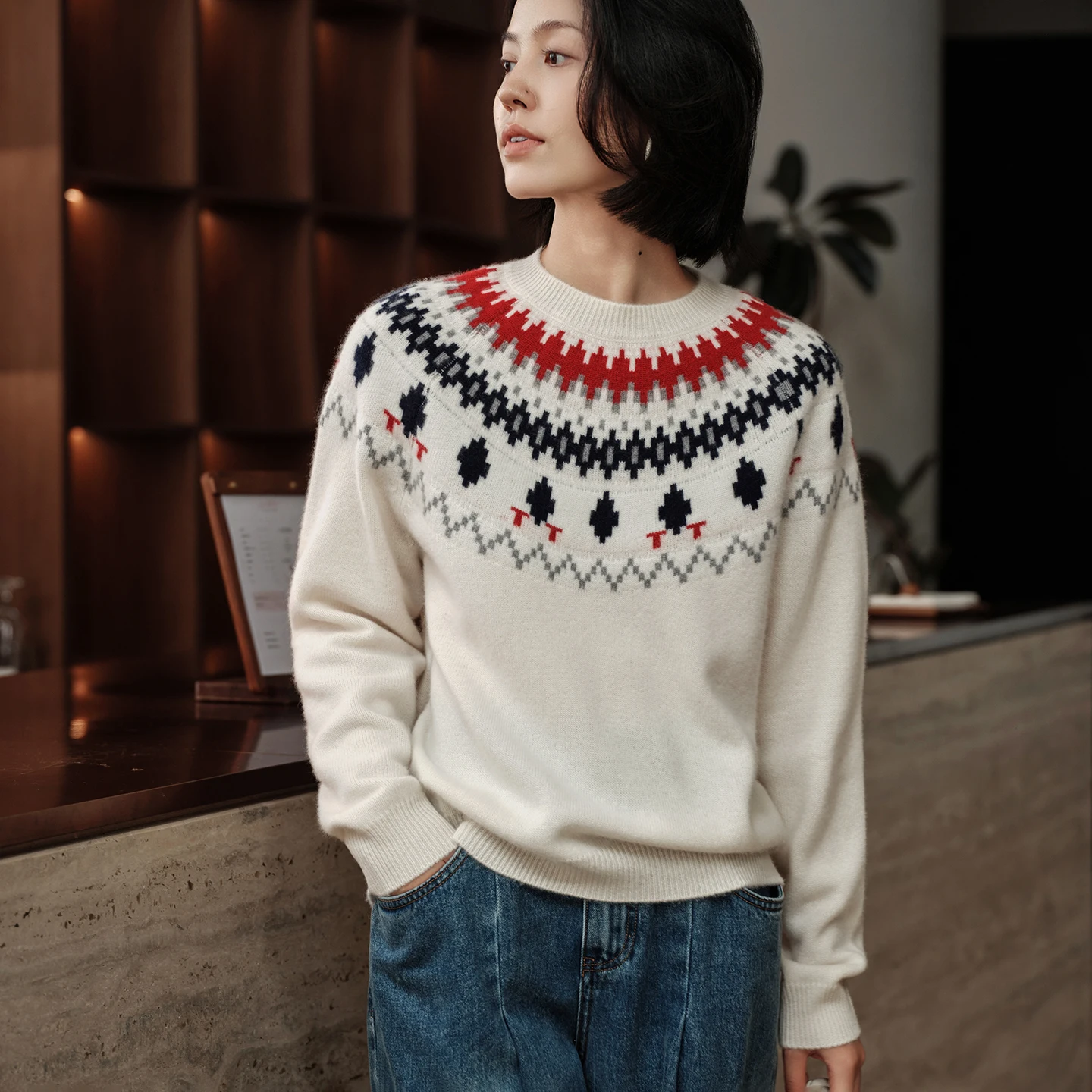 

Autumn Winter Women's 100% Cashmere Fel Island O-neck Pullover Sweater Retro Style Soft Warm Cashmere Knitted Clothing Tops