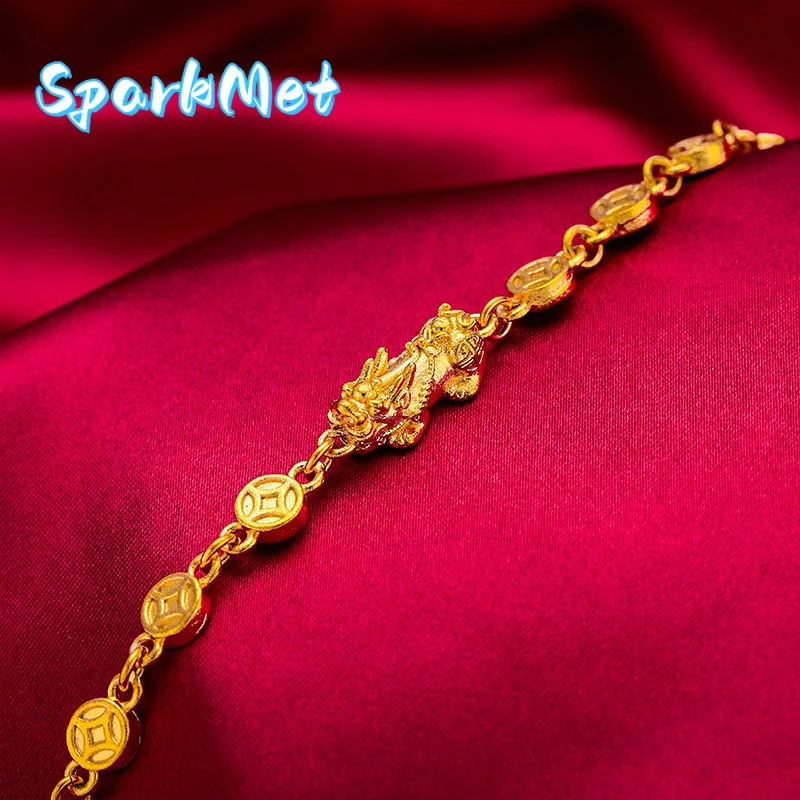 

Браслет SparkmetPixiu для женщин, 24-каратное золото, AU999 | Матовое золотое украшение «Пиксиу» с гранатовыми бусинами, винтажный стиль для повседневной удачи.