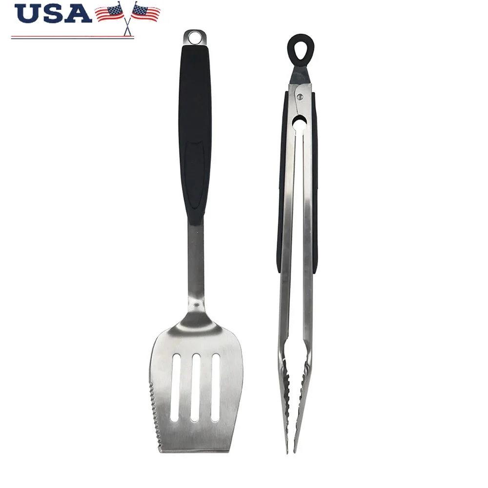 

Stainless Steel 2-Piece BBQ Grill Tool Set Spatula Tongs Cooking Accessory Outdoor Grilling Essential BBQ Accessories Gift