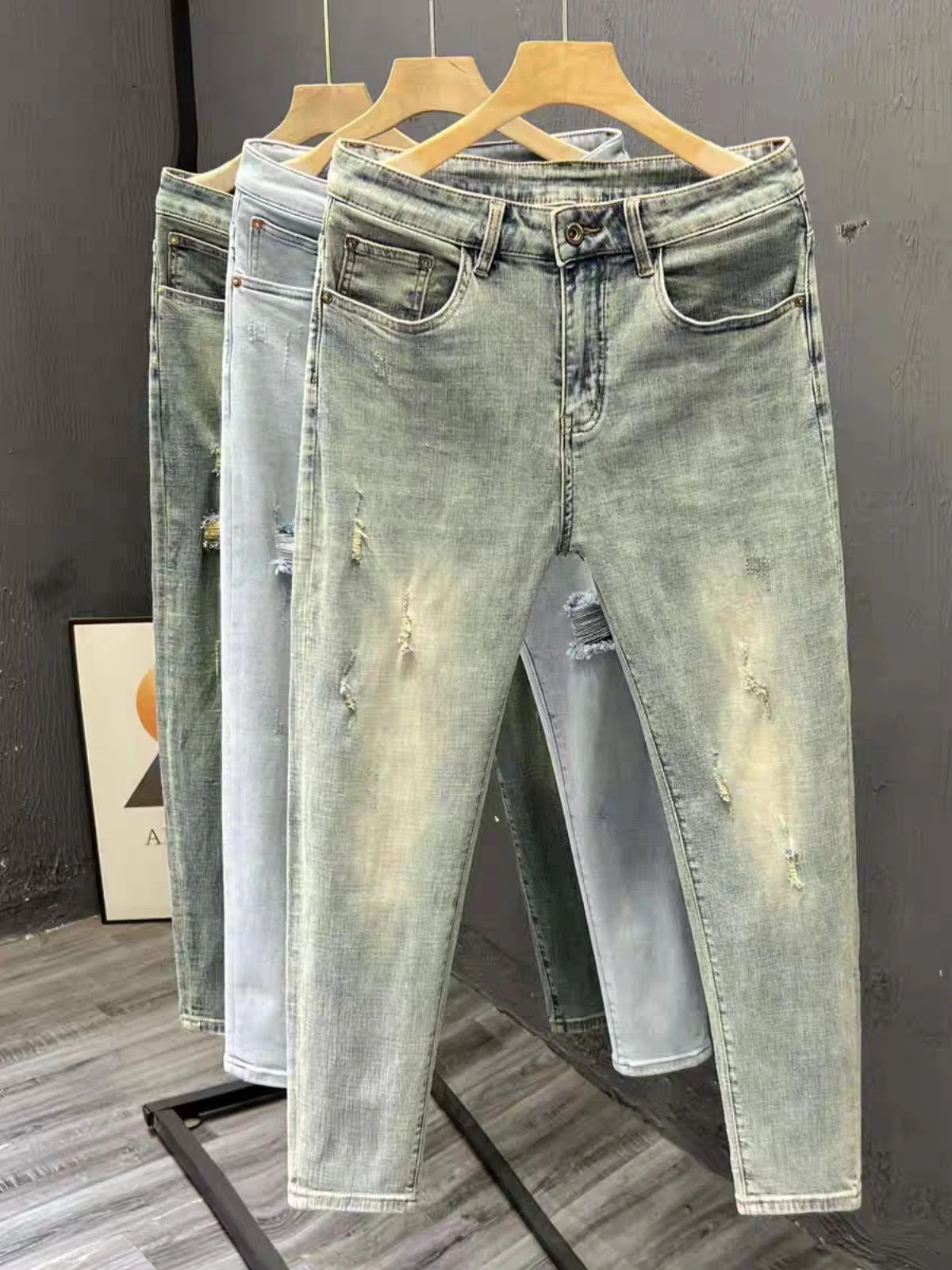 Men's Slim Fit Jeans Spring Summer New Style Trendy Versatile Ripped Nine Point American Retro Youth Casual Long Pants