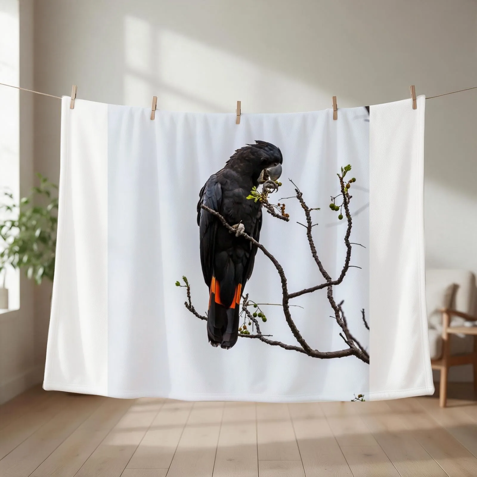 Animal Collection - Black Cockatoo Red Tail Throw Blanket