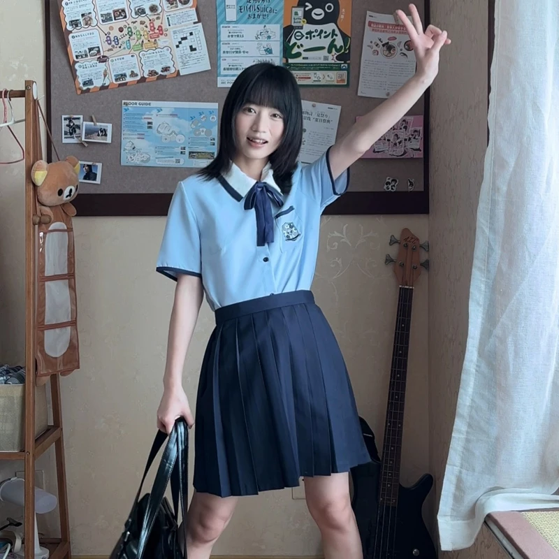 นักเรียนจีน Jk ชุดแขนสั้น 3 ชิ้นชุดสําหรับหญิงเกาหลีไต้หวัน High School เสื้อผ้าสีฟ้ากะลาสีเสื้อจีบกระโปรง