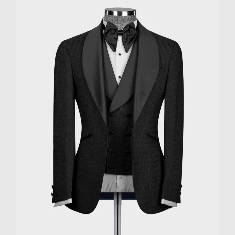 Smoking para noivo para festa de casamento, ternos masculinos formais, colarinho de cetim preto, colete blazer e calças, 3 peças