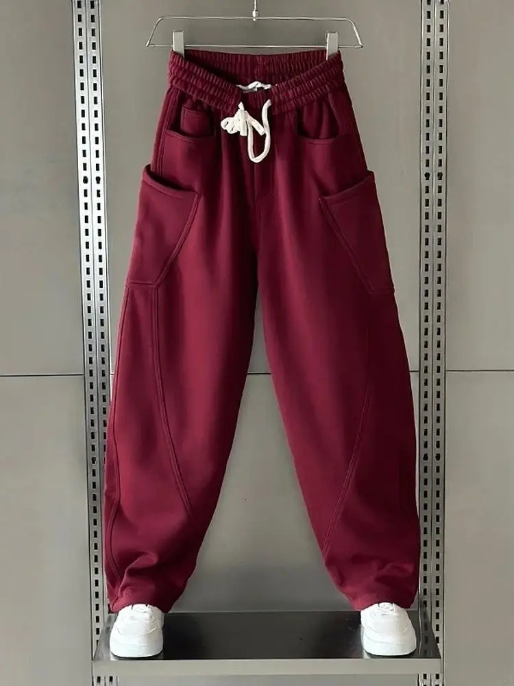 

Loose Men's Red Spor Casual Pants Autumn Winter Design Large ket Straight Leg Lightweight Luxury Long Trousers