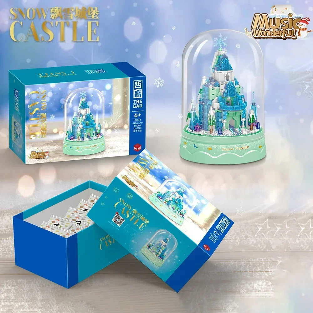 Music Snow Castle Mini Block Toy Simulates Flying Snow Scene DIY Acrylic Dust Cover Contains Fan and Music Perfect Birthday Gift