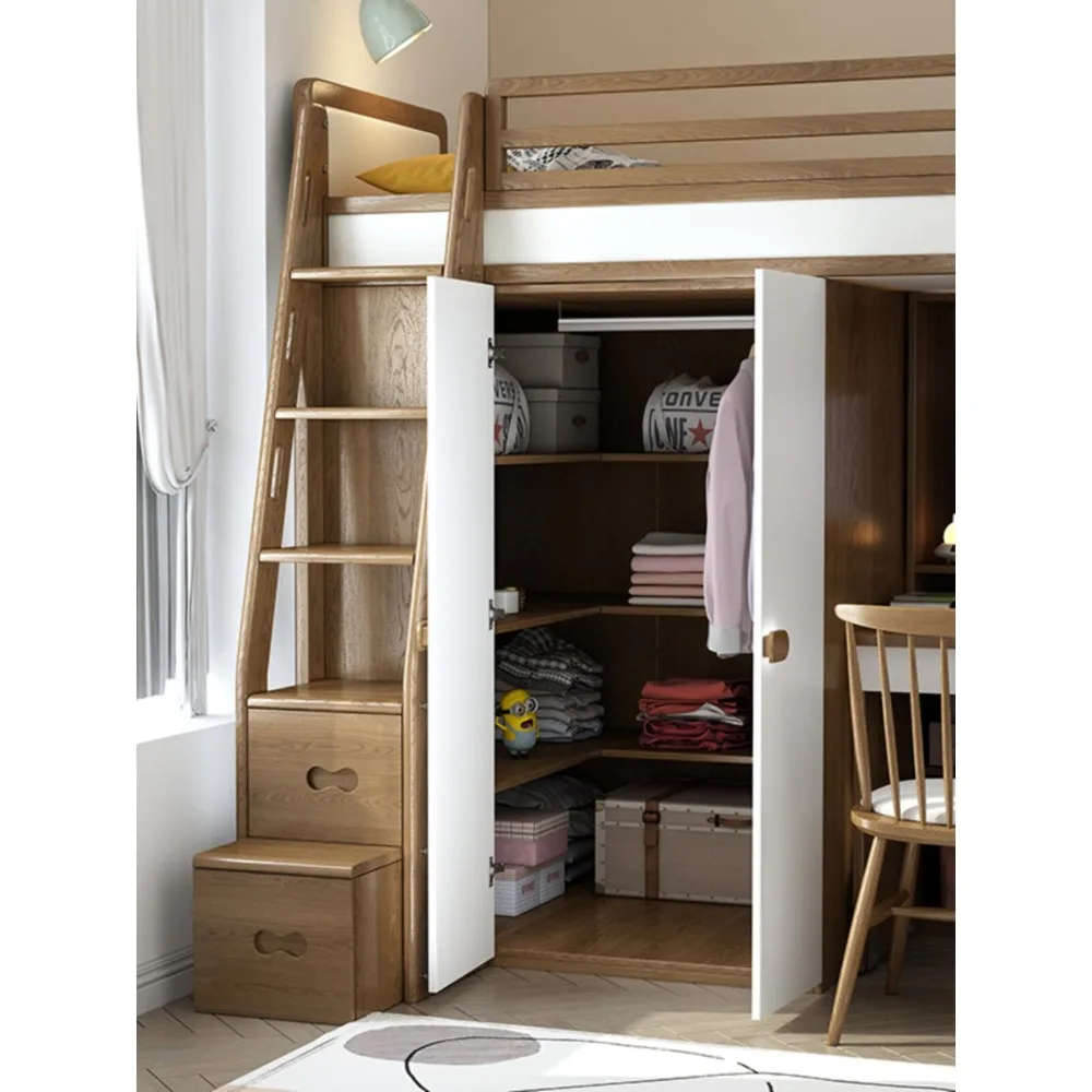 Solid Wood Staggered Twin Bunk Bed, Ash Wood Kids Bed with Desk & Wardrobe Space Saving Children's Bedroom Furniture Set view 3