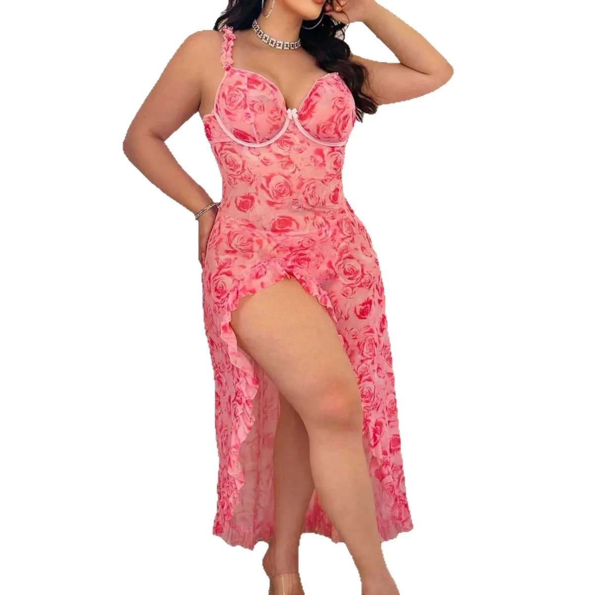 

Wholesale Women's Sexy Plus Size Long Nightdress Fat Lady Sweet Flower Print Lingerie Dress XXL Outfits Nightgown