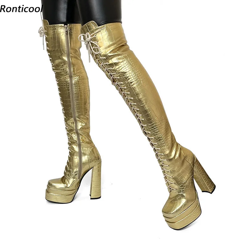 

Ronticool Женские зимние сапоги выше колена ручной работы на массивном каблуке с круглым носком Красивые модельные туфли золотого, серебряного и черного цвета, размер США 5-10,5