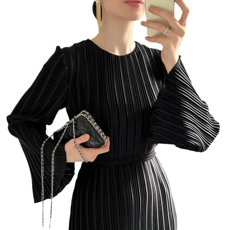 Women\'s Elegant Slim Fit High Waist Pleated Dress 2024 Spring Autumn New Dress Women\'s Flared Sleeves Round Neck Ruffles Dress