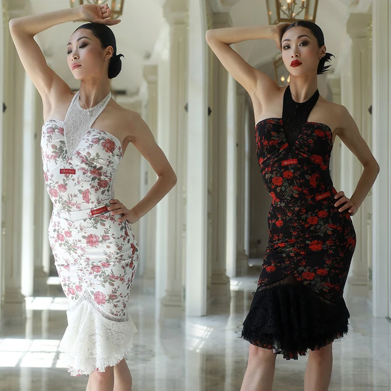 

Summer Latin Dance Dress Women Practice Clothes Rose Lace Tops Fringe Skirt Rumba Dance Costume Performance Dance Wear DNV23326