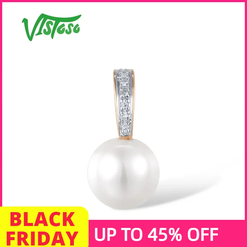

VISTOSO Authentic 14K 585 Rose Gold Pendant For Women Sparkling Diamond Fresh Water White Pearl Daily Wear Fine Elegant Jewelry