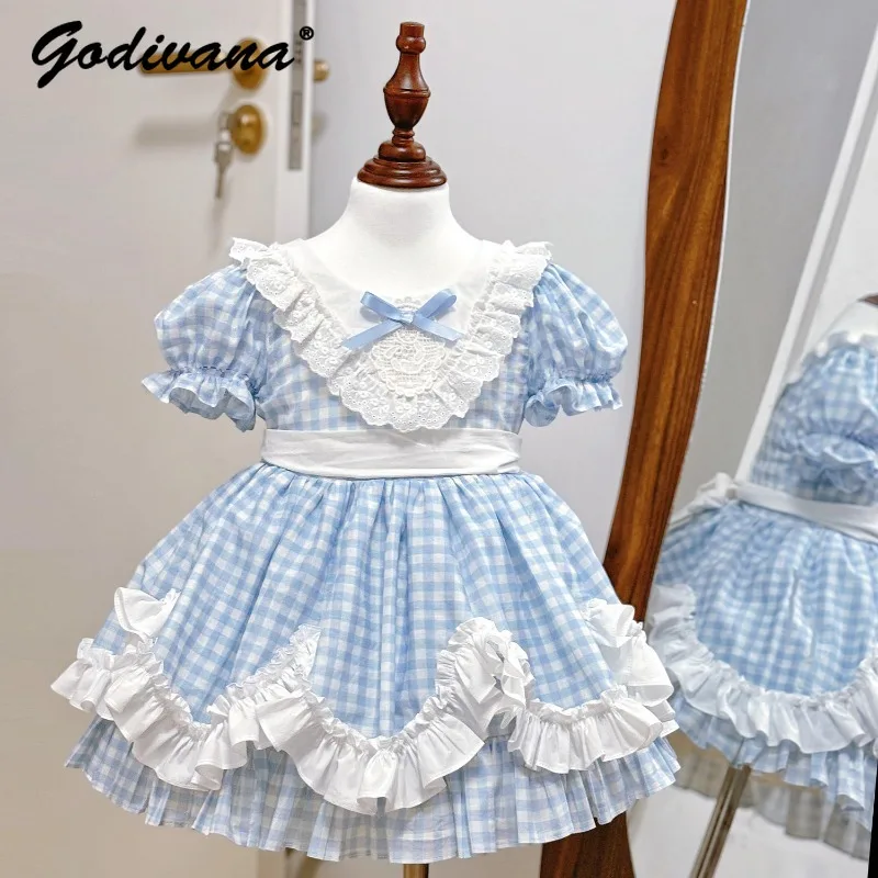 

Baby Girls Sweet Lolita Dress Kids 2026 New Summer Blue Plaid Puff Short Sleeve Lace Ruffle Trim Bow Birthday Party Ball Gown